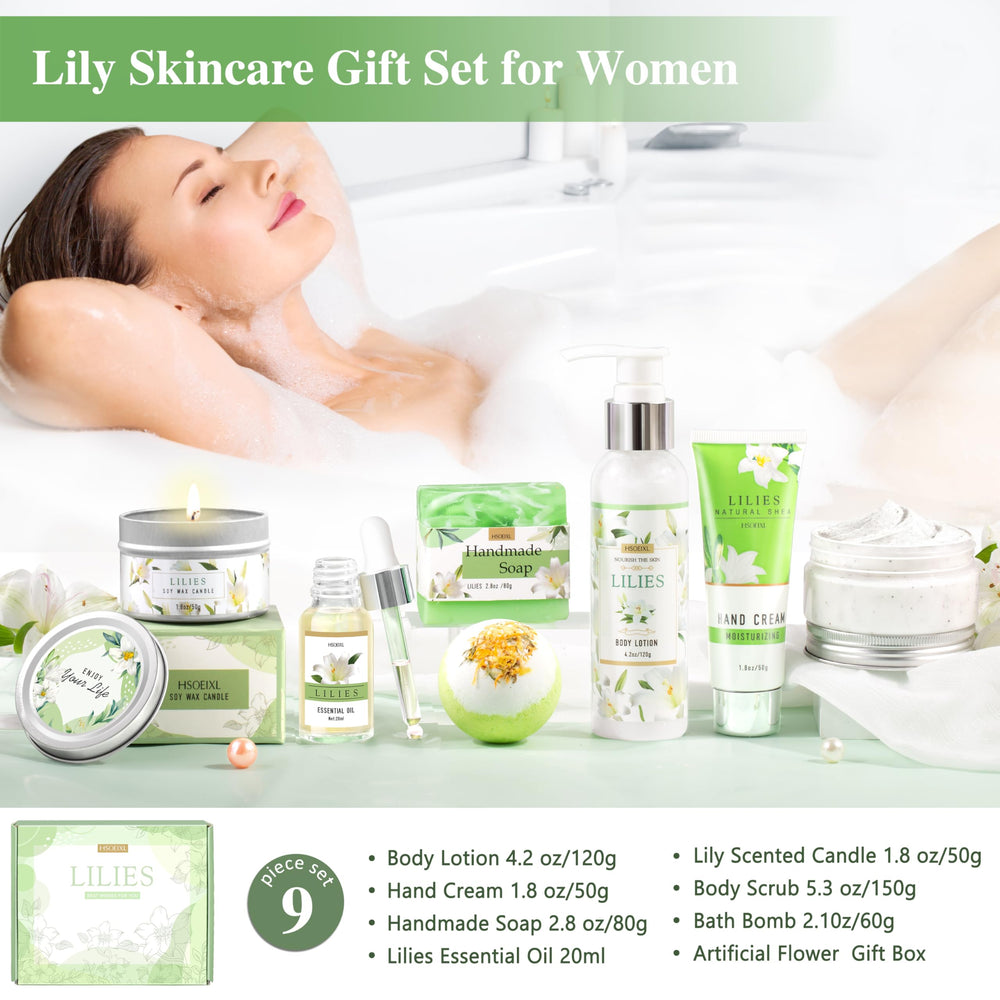 HSOEIXL Lilies bath bomb visual suggests relaxing soak to unwind after busy days.