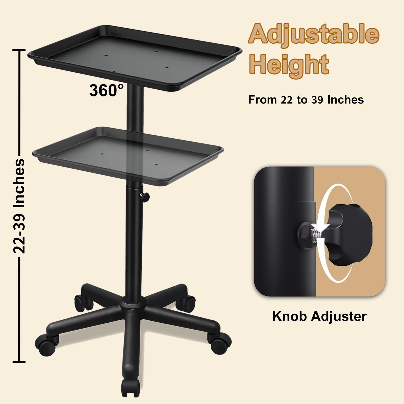 HSONBIUTY salon tray adjustable height demonstrates flexible setup from 22 to 39 inches