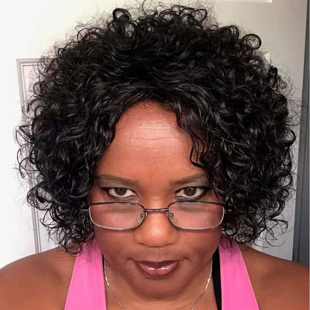 HUA Brazilian kinky curly 10inch wig on-model view demonstrates seamless integration