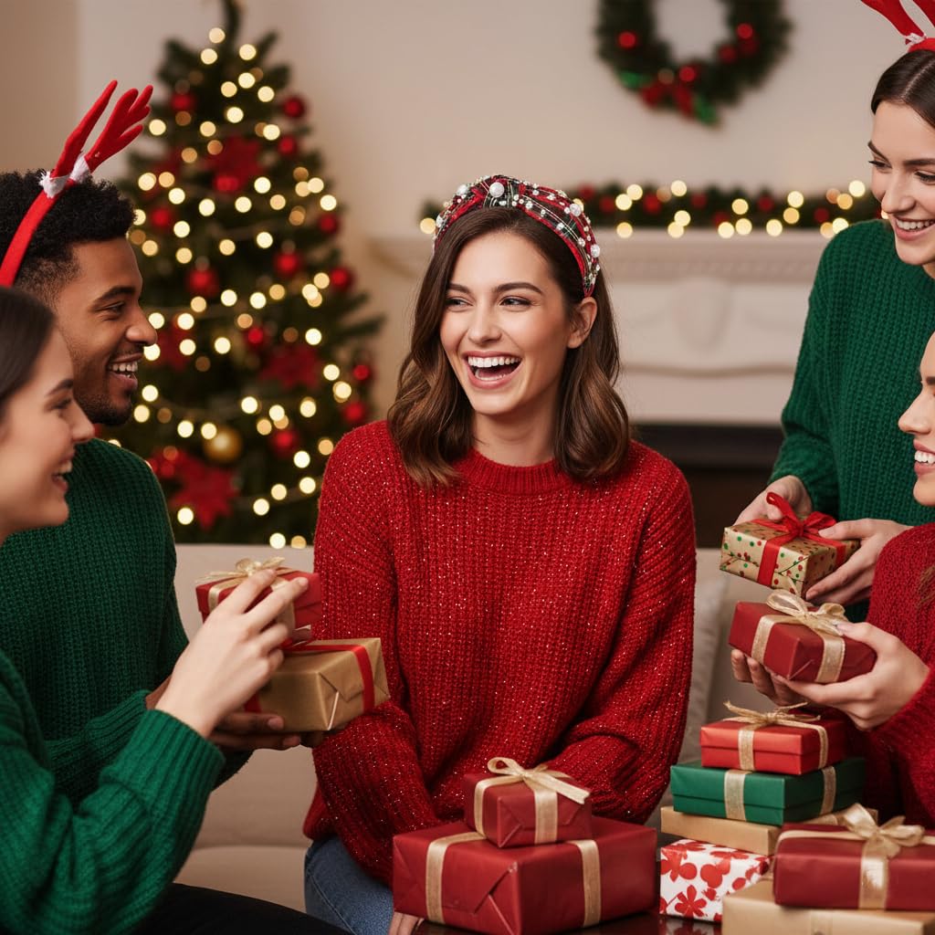 Huachi plaid headband pairs with sweaters and dresses for festive coordination