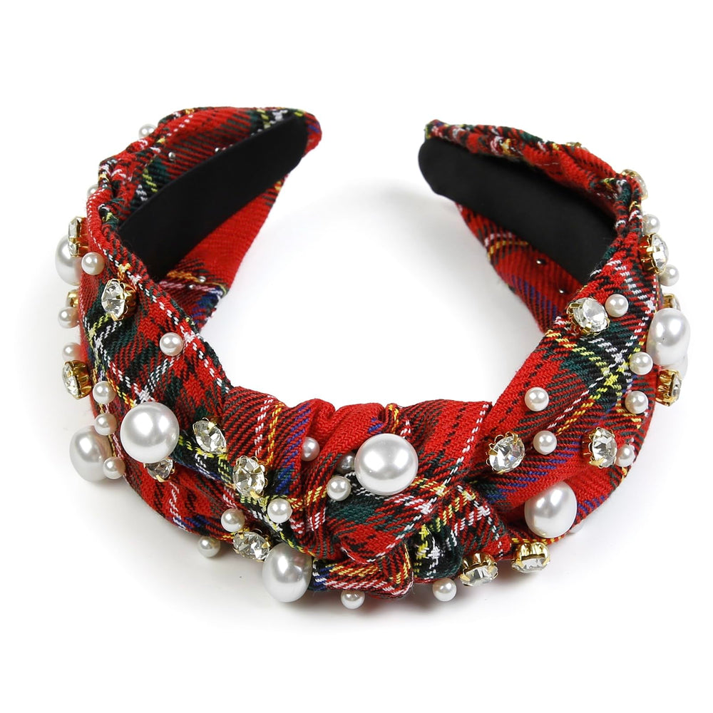 Huachi Christmas headband shows stretchy plaid fabric for comfortable fit