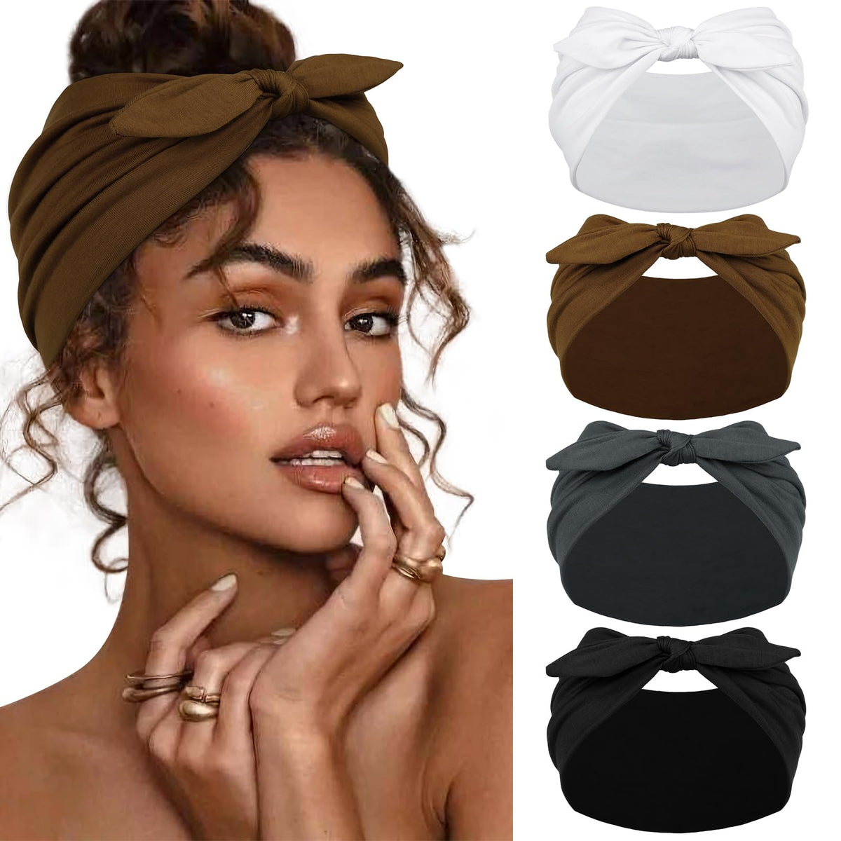 Huachi four-pack bow headbands front view, stylish and comfortable for daily wear.
