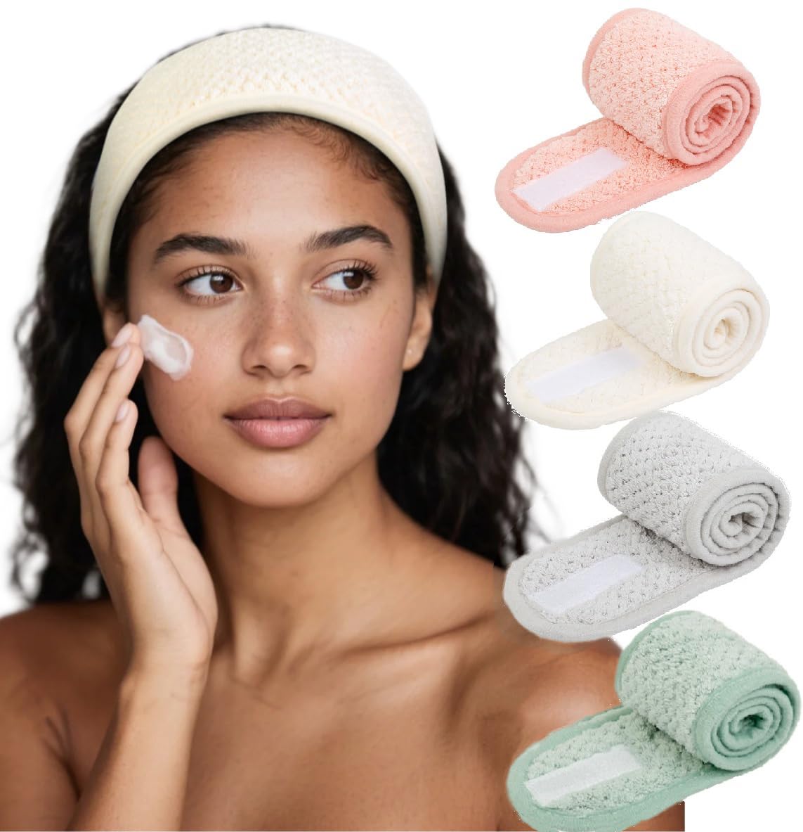 Huachi skincare headband close-up shows soft coral fleece for skin comfort