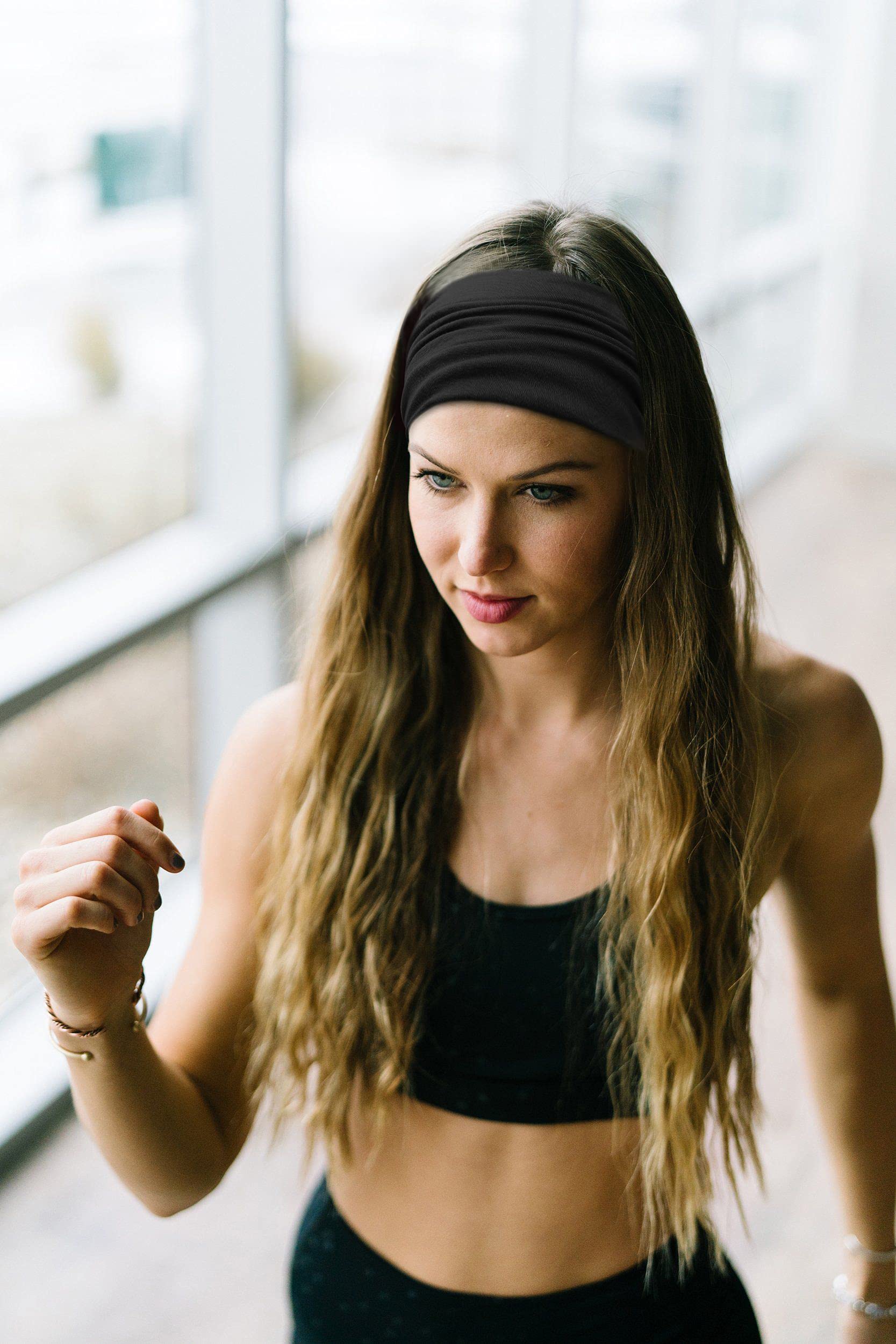 Huachi yoga workout headband provides breathable, secure fit for movement.