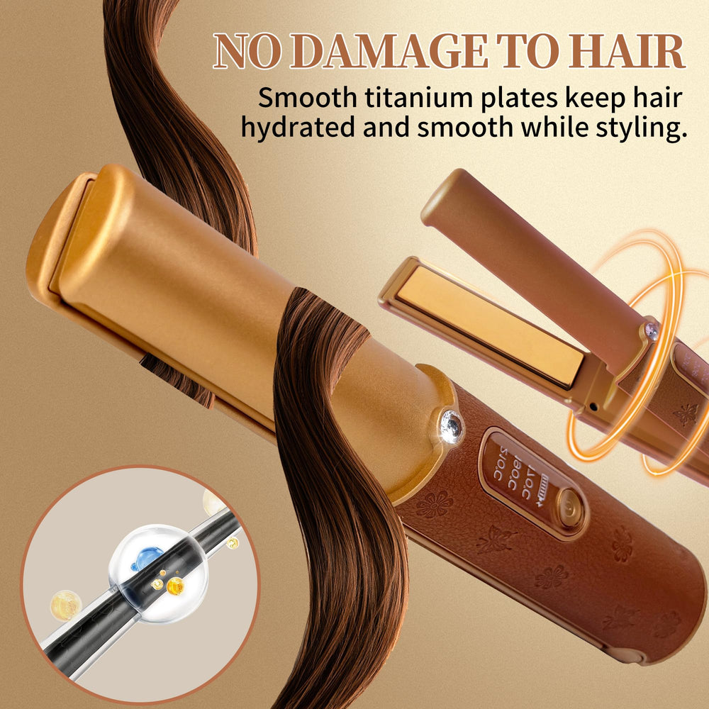HUAJUN-2in1-straightener-curler demonstrates versatile hair shaping options.