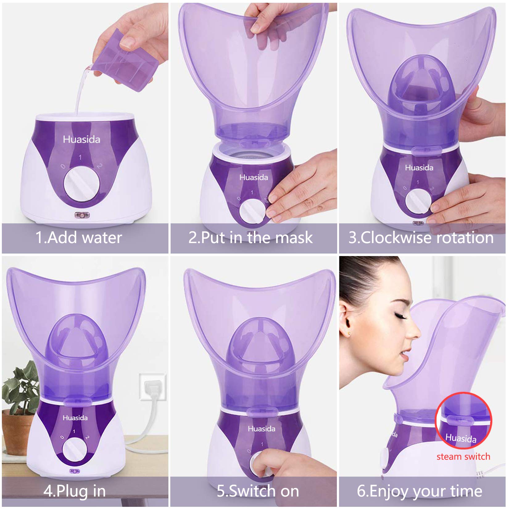 Huasida facial steamer aroma option invites calming spa-like experience.