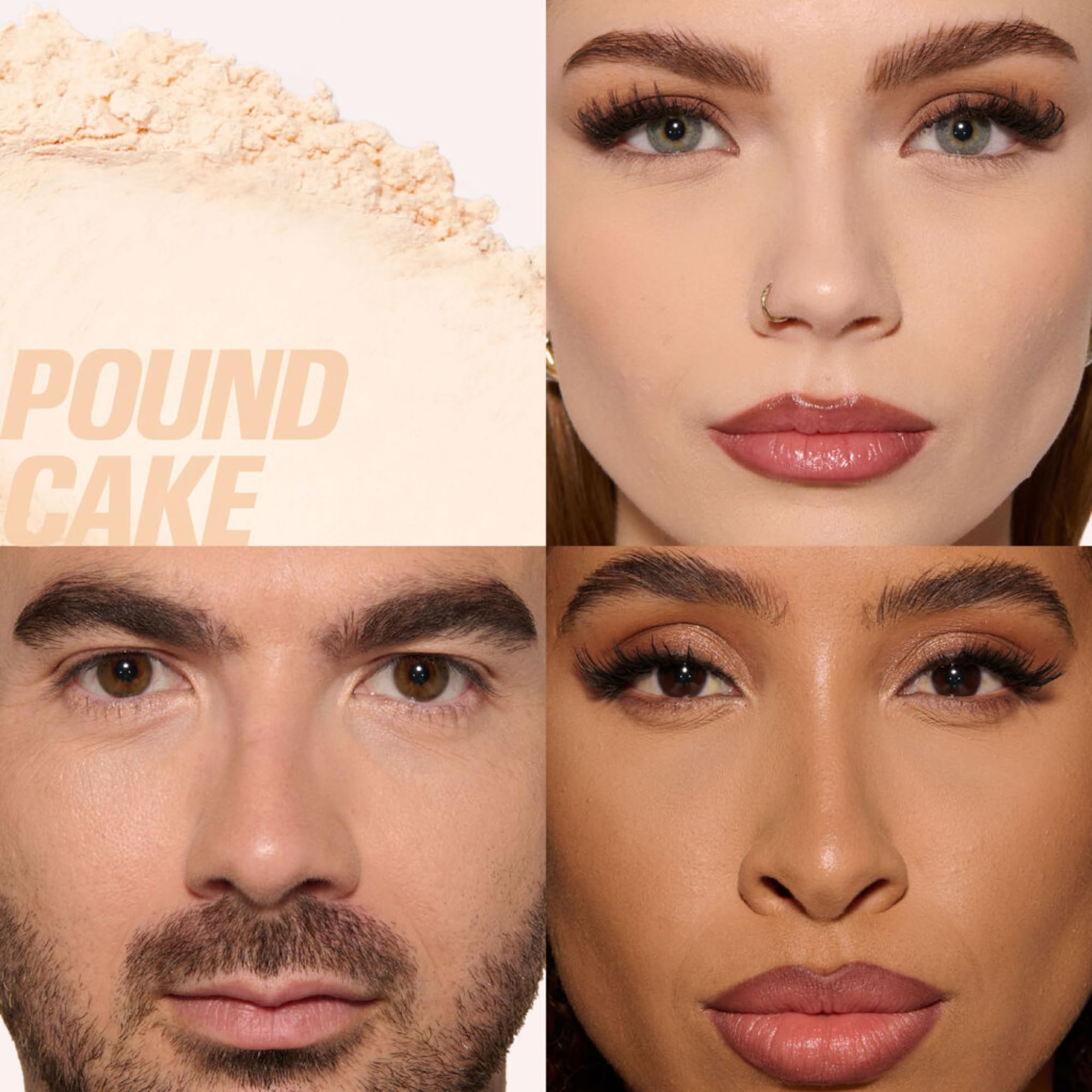 Huda Beauty Baby Bake Mini compact close-up highlights airy powder texture.