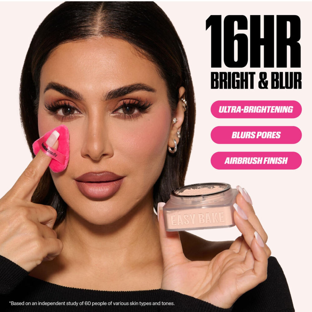 Huda Beauty Baby Bake Mini powder tube shows clean, controlled dispense.