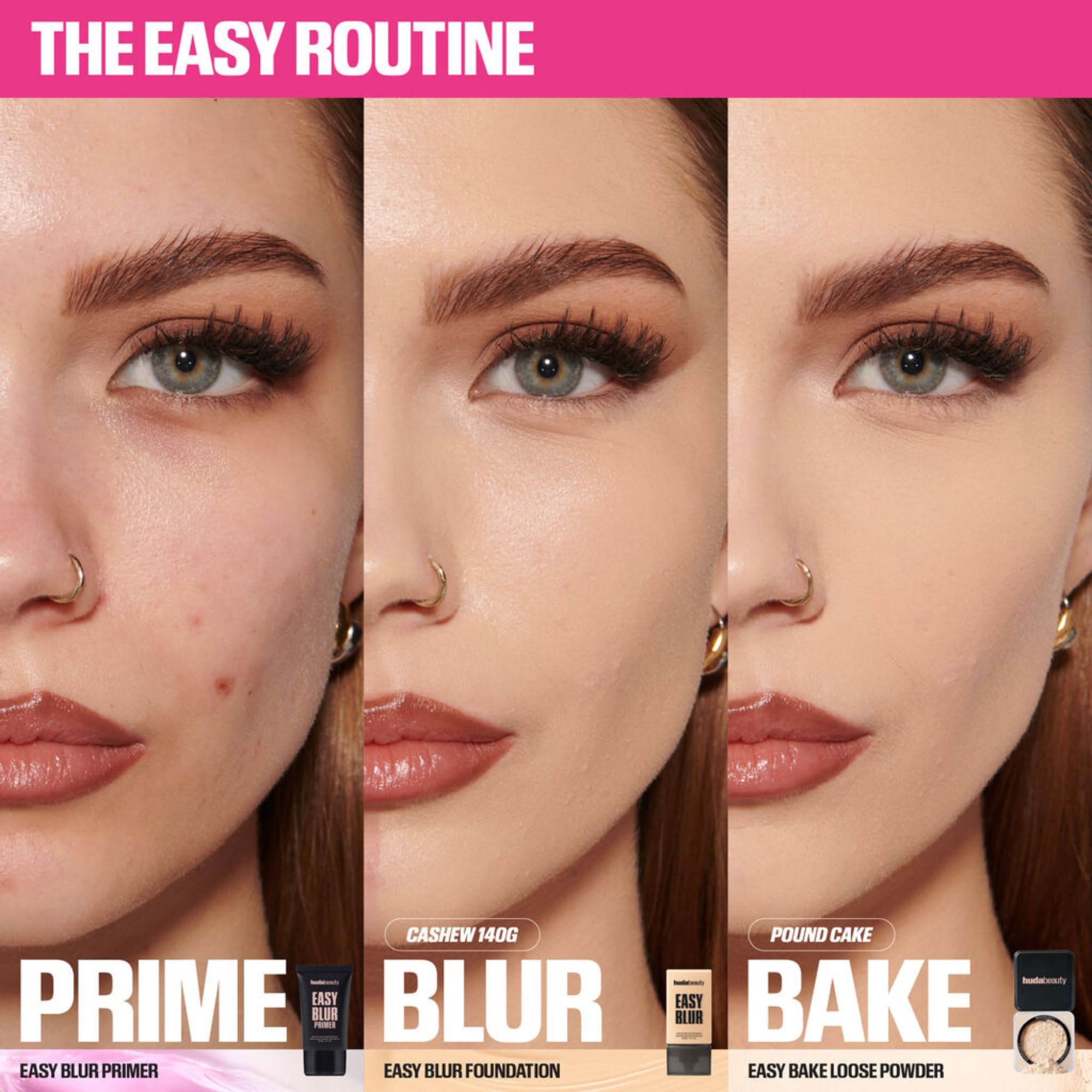 Huda Beauty Baby Bake Mini blurs pores and reduces shine in close-up view.