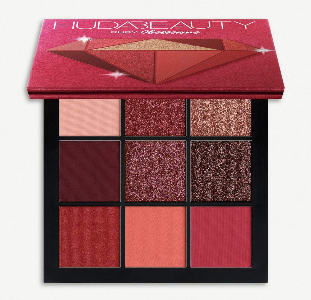 Huda Beauty Obsessions Ruby palette closeup showing blendable shades for versatile day-to-night looks