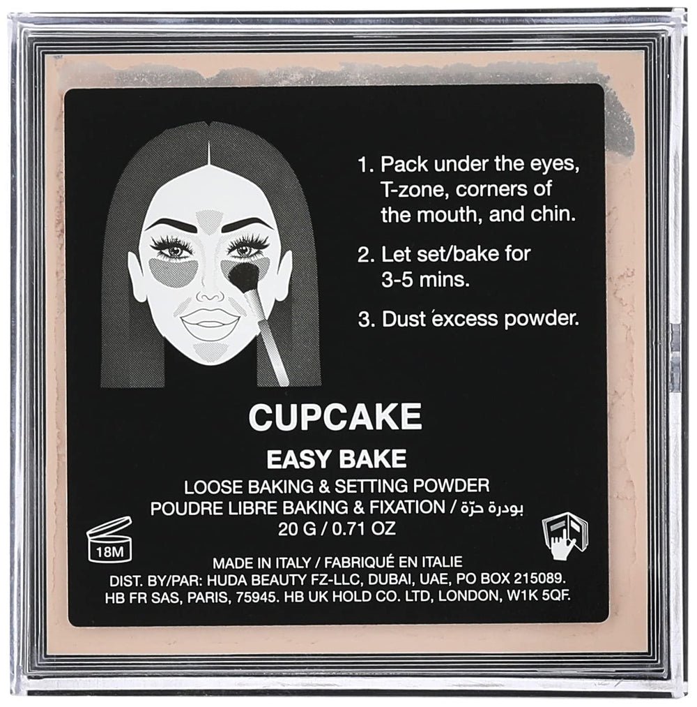 Huda Easy Bake Cupcake applying powder with brush demonstrates lightweight breathable feel