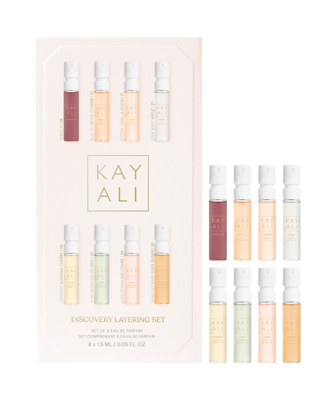 Huda KAYALI Discovery Layering Set packaging showcases eight mini EDP samplers for versatile scent layering.