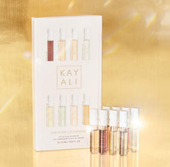 Huda KAYALI sampler vials highlight travel-friendly size for on-the-go fragrance testing.