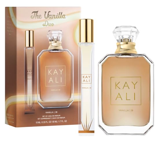 Huda Kayali Vanilla 28 bottle captures gourmand vanilla for evening wear and layering
