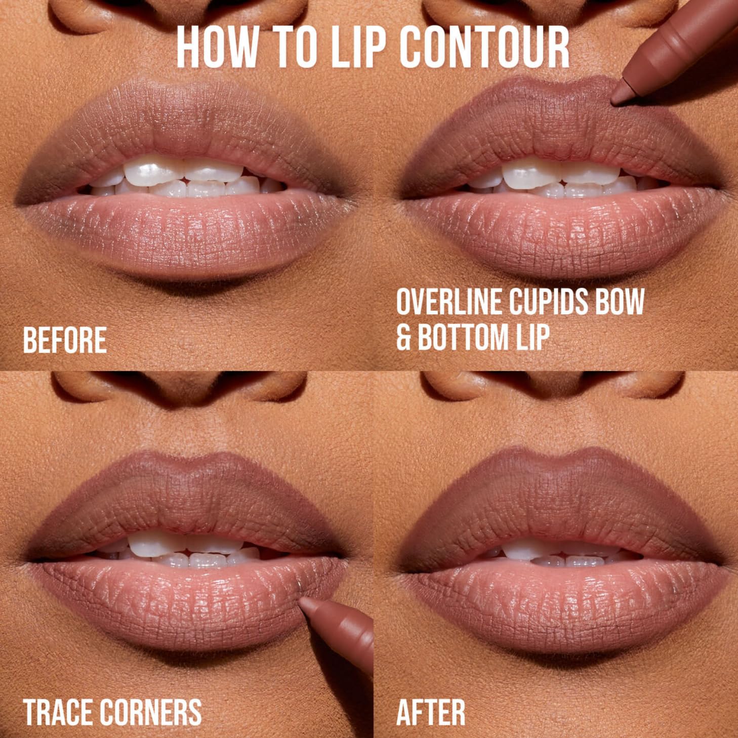 Huda Lip Contour Duo matte finish emphasizes long-lasting color and transfer-proof wear.