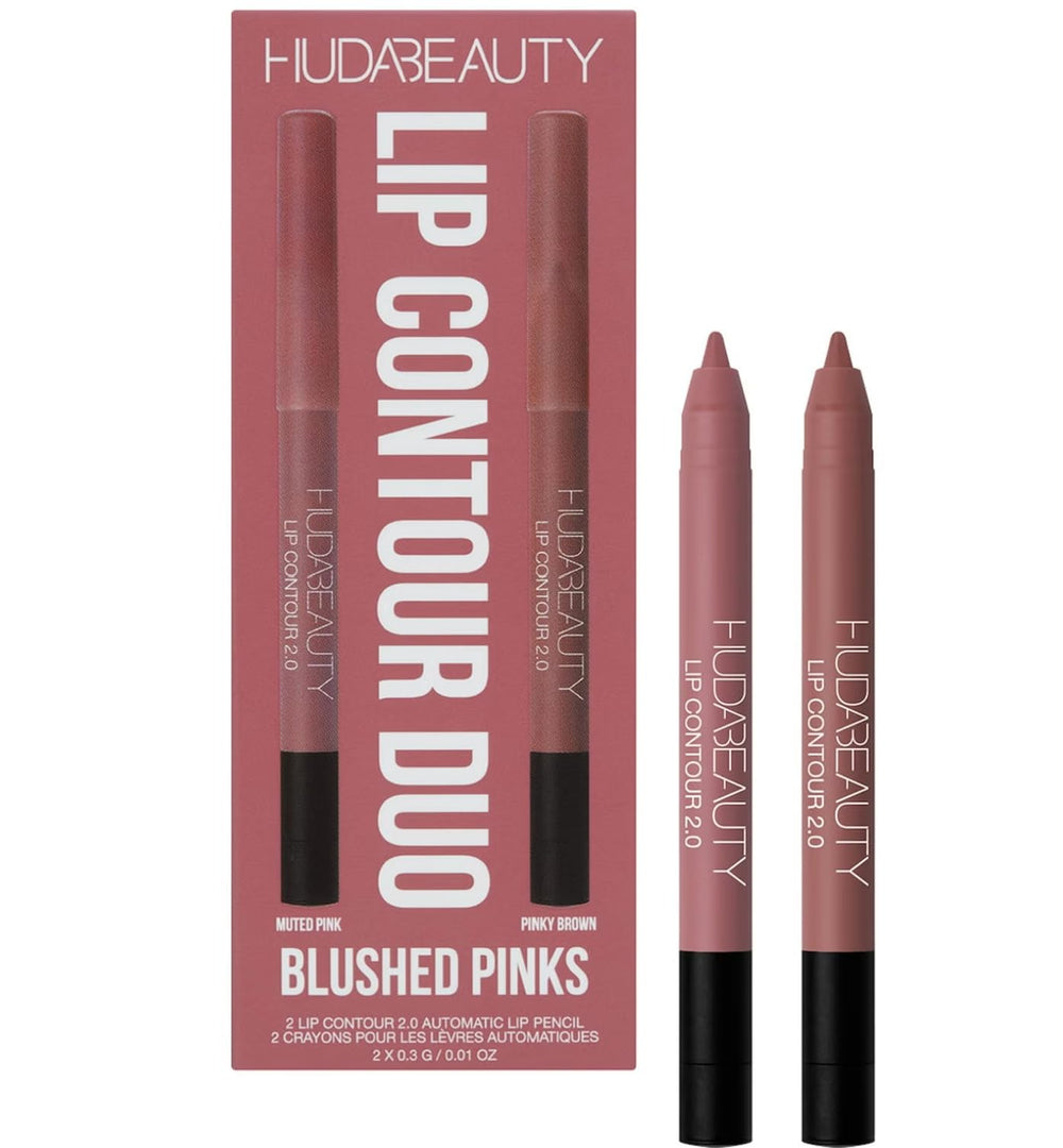 Huda Lip Contour Duo Muted Pink swatches for everyday lip shaping and definition.