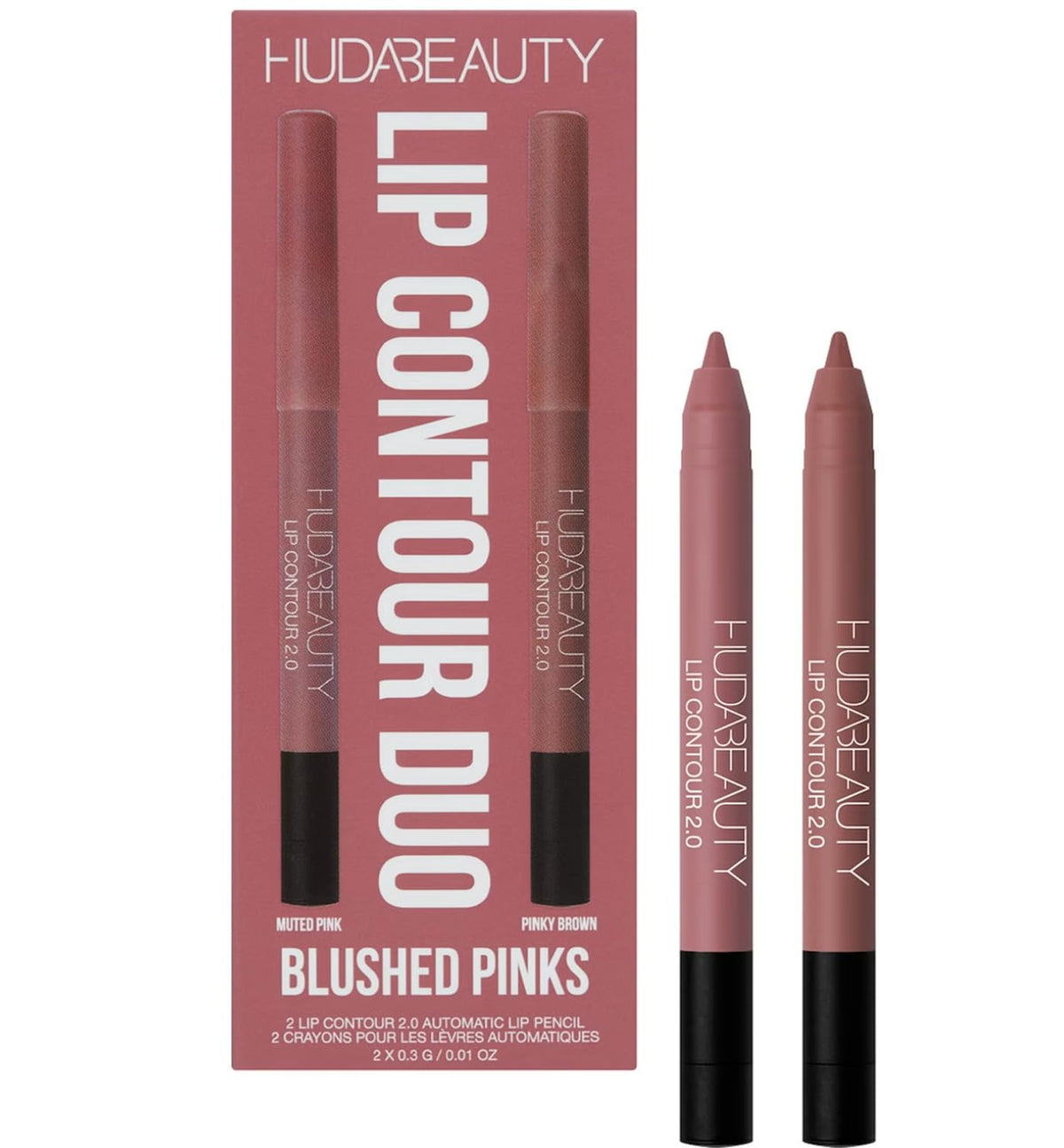 Huda Lip Contour Duo Muted Pink swatches for everyday lip shaping and definition.