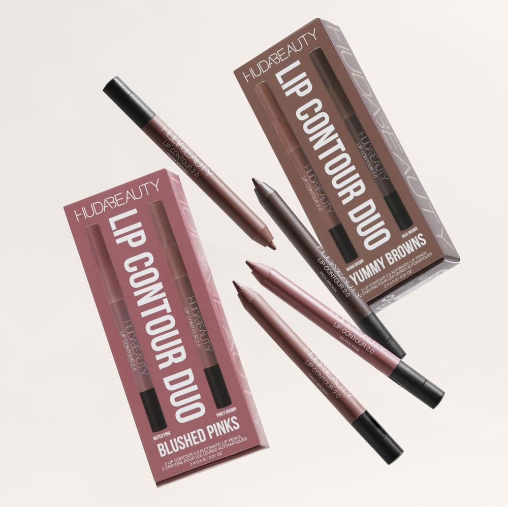 Huda Lip Contour Duo side-by-side pink tones illustrate versatile lip contouring options.