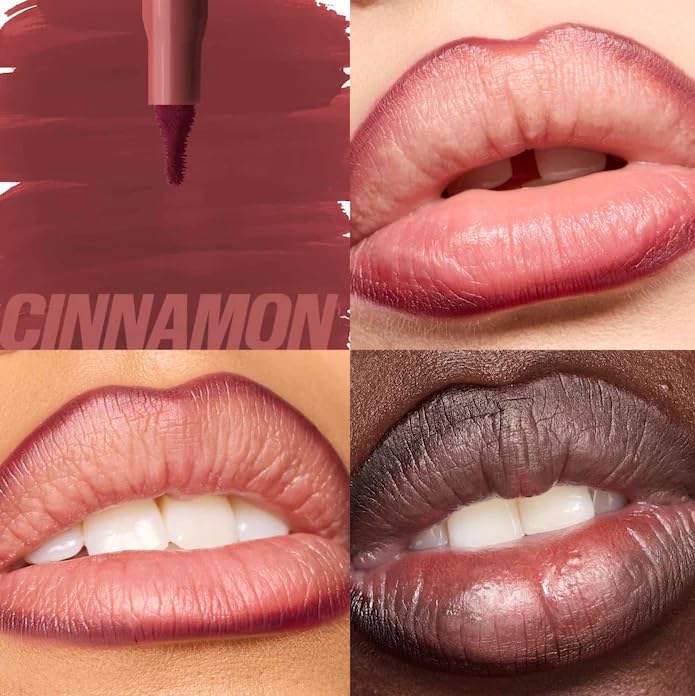 Huda Lip Contour Stain Cinnamon applying action image showing dual-ended smooth glide for all-day color