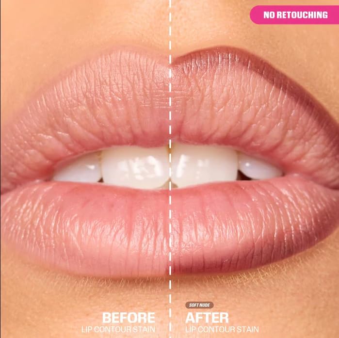 Huda Lip Contour Stain Soft Nude dual-ended application demonstrates precise liner and long-lasting tint