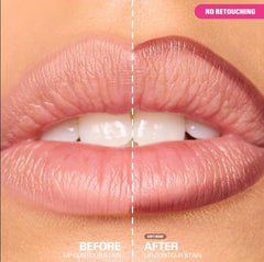 Huda Lip Contour Stain Soft Nude dual-ended application demonstrates precise liner and long-lasting tint