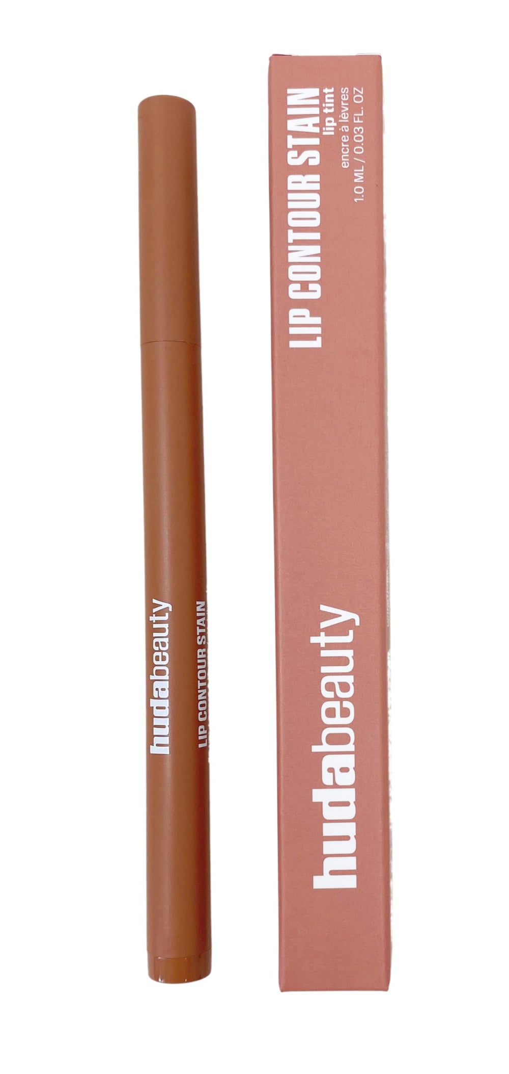 Huda Lip Contour Stain Soft Nude swatch reveals natural matte color for all-day wear
