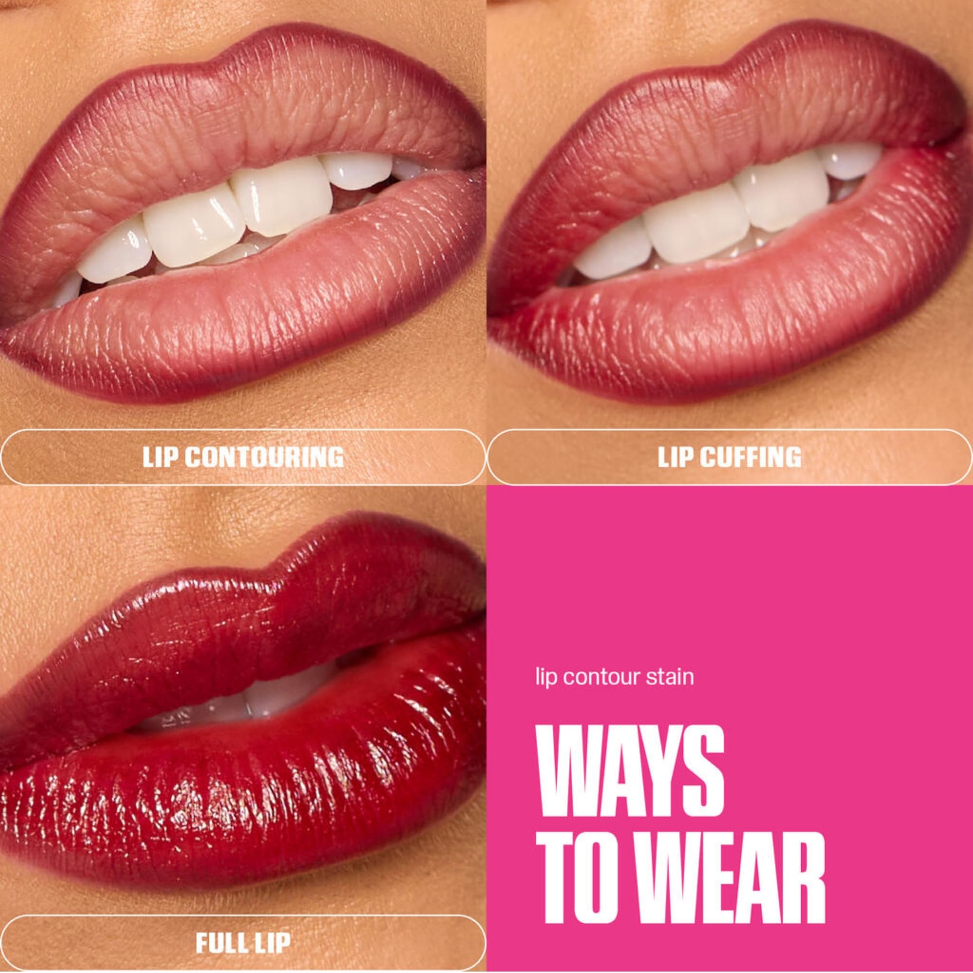 Huda Lip Contour Stain Warm Brown 12-hour wear test on lips.