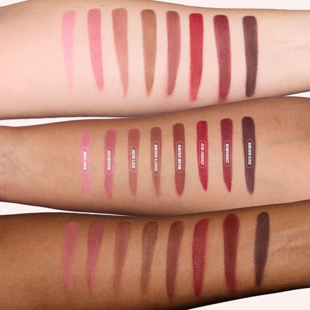 Huda Lip Contour Stain Warm Brown packaging and dual-ended wand design.