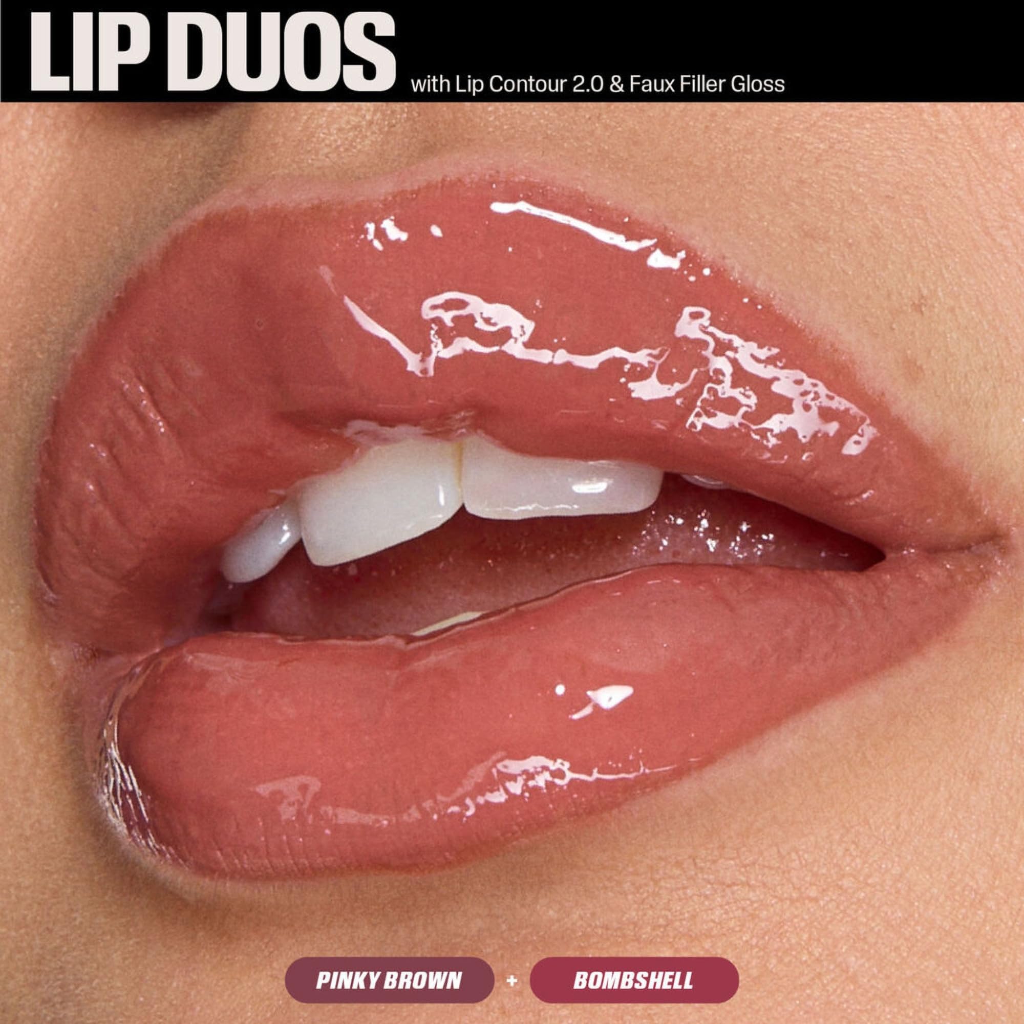 Huda Juicy Bombshell lip gloss swatch shows glossy pink-brown shine.