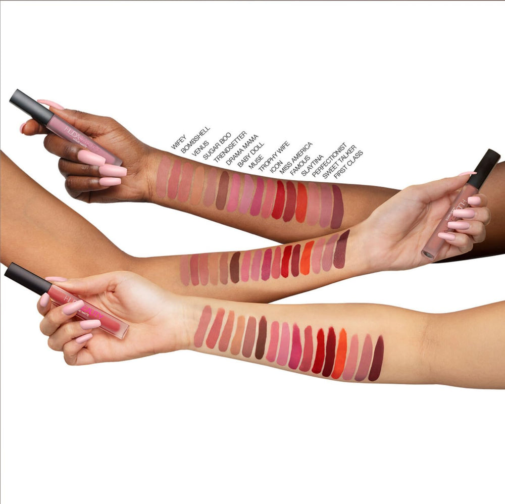 Huda Beauty Trophy Wife liquid matte packaging shows premium tube design and cruelty-free branding.