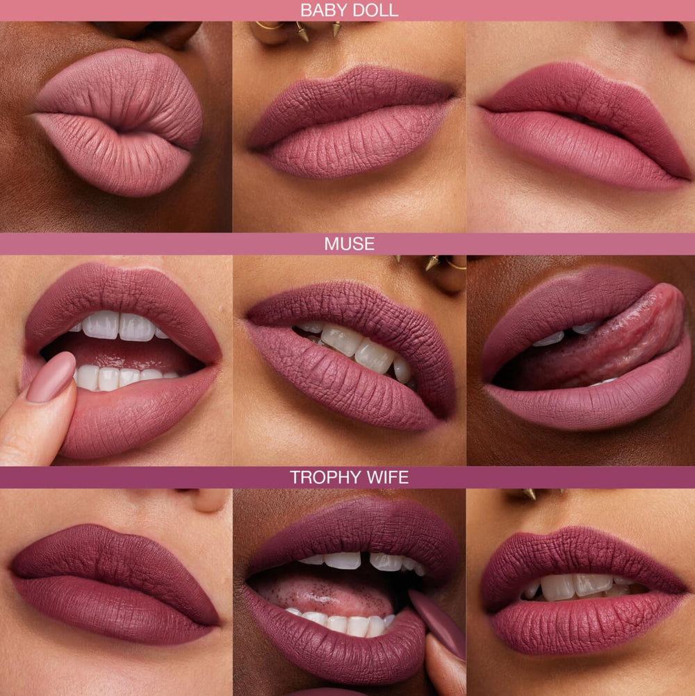 Huda Beauty Trophy Wife texture detail captures matte finish and color depth on skin.