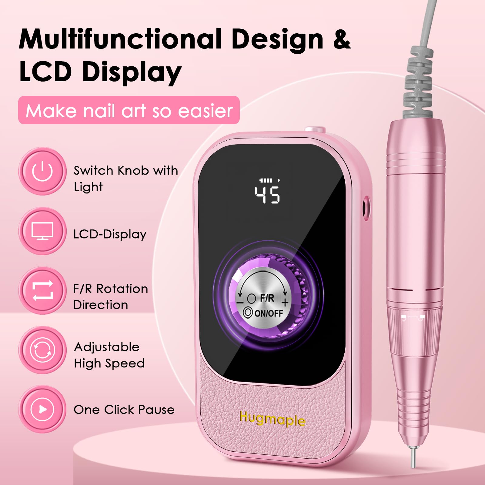 HUGMAPLE electric nail drill LCD display highlights battery life and speed status.