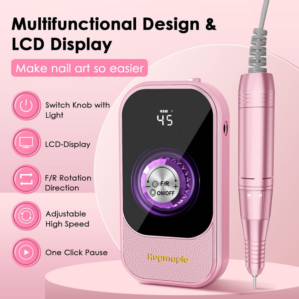 HUGMAPLE electric nail drill LCD display highlights battery life and speed status.