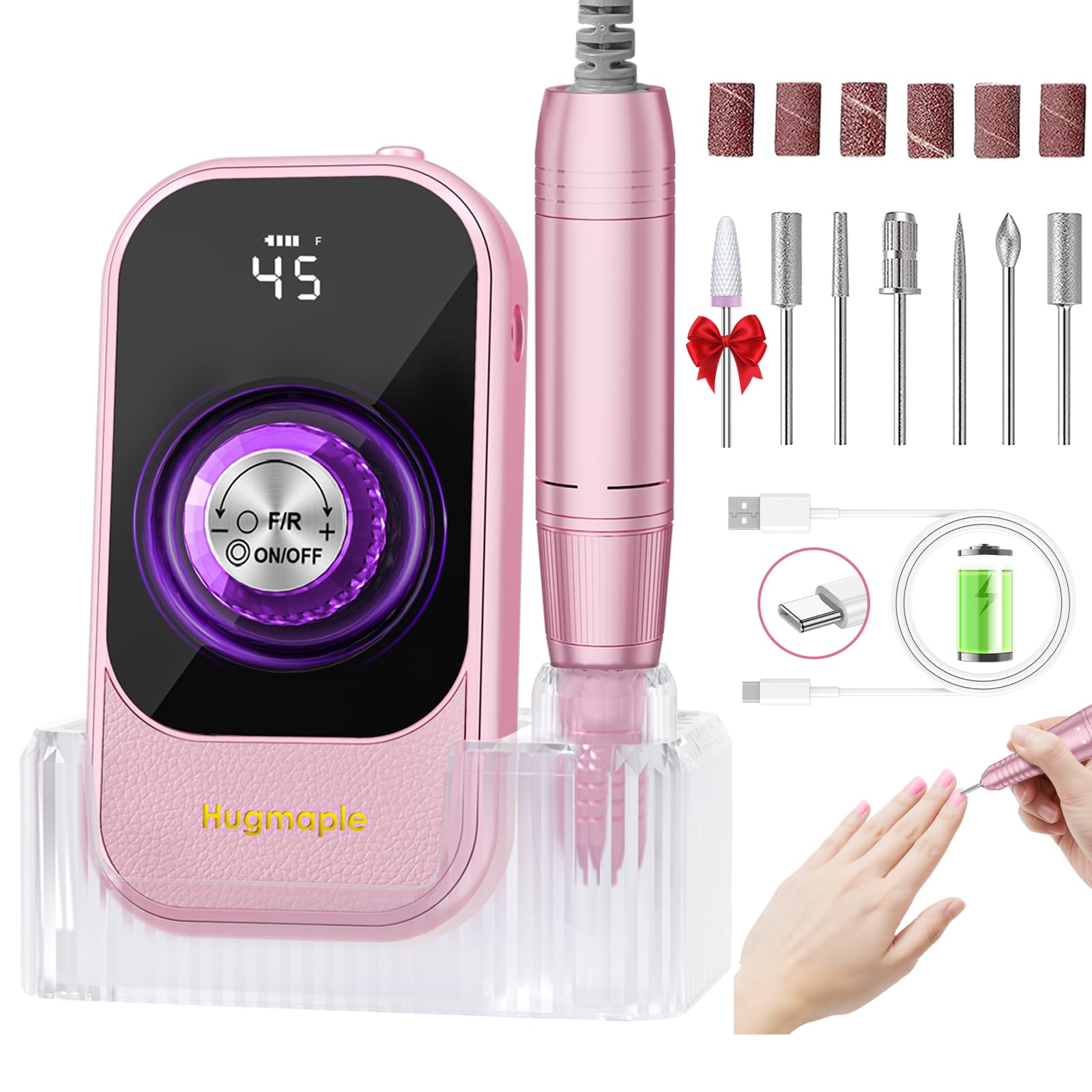 HUGMAPLE professional nail drill base showcases 45000RPM power for smooth gel removal.