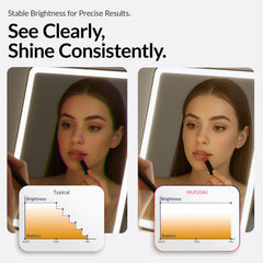 HUGOAI makeup mirror auto on/off triggers when opened, conserving battery.