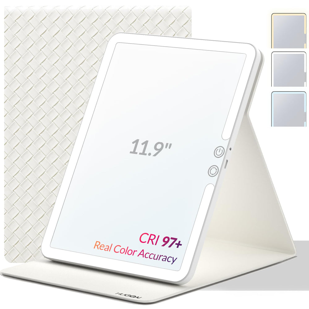 HUGOAI travel makeup mirror 11.9-inch lit for precise makeup on the go.