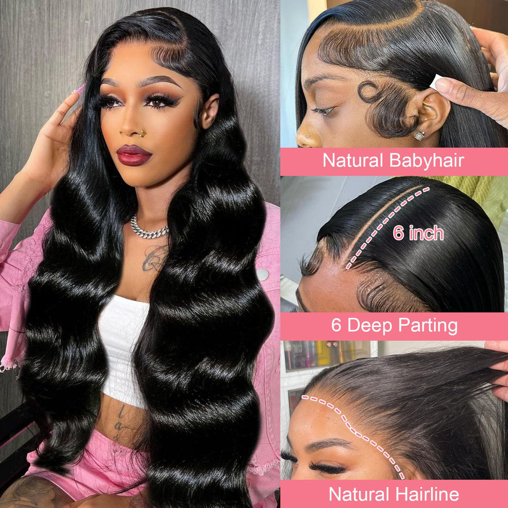Hugsun 12A density closeup shows full, silky body-wave texture with healthy shine.