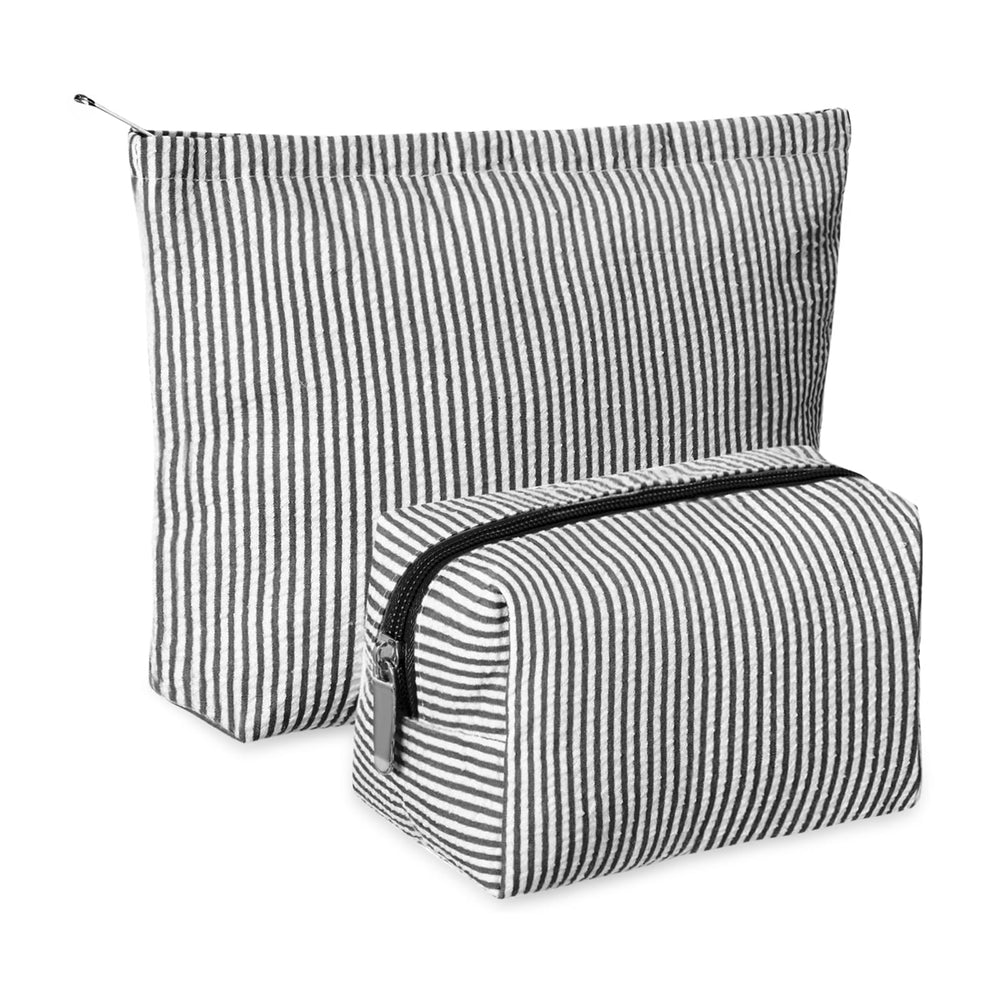 Huhumy two-piece makeup bag set in black seersucker for travel organization
