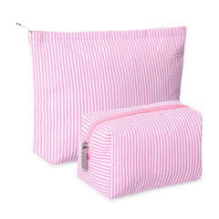 Huhumy makeup bag set in pink seersucker with chic preppy stripe design for stylish travel