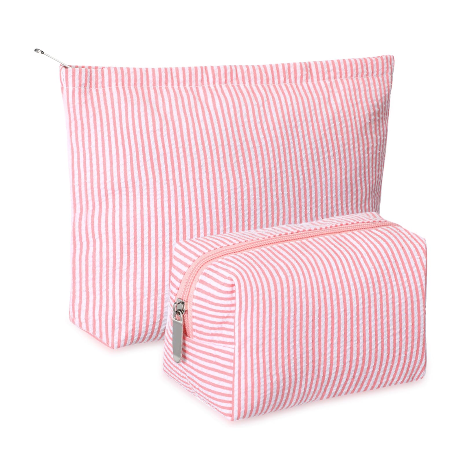 Huhumy makeup bag set in rose pink front view shows stylish seersucker design