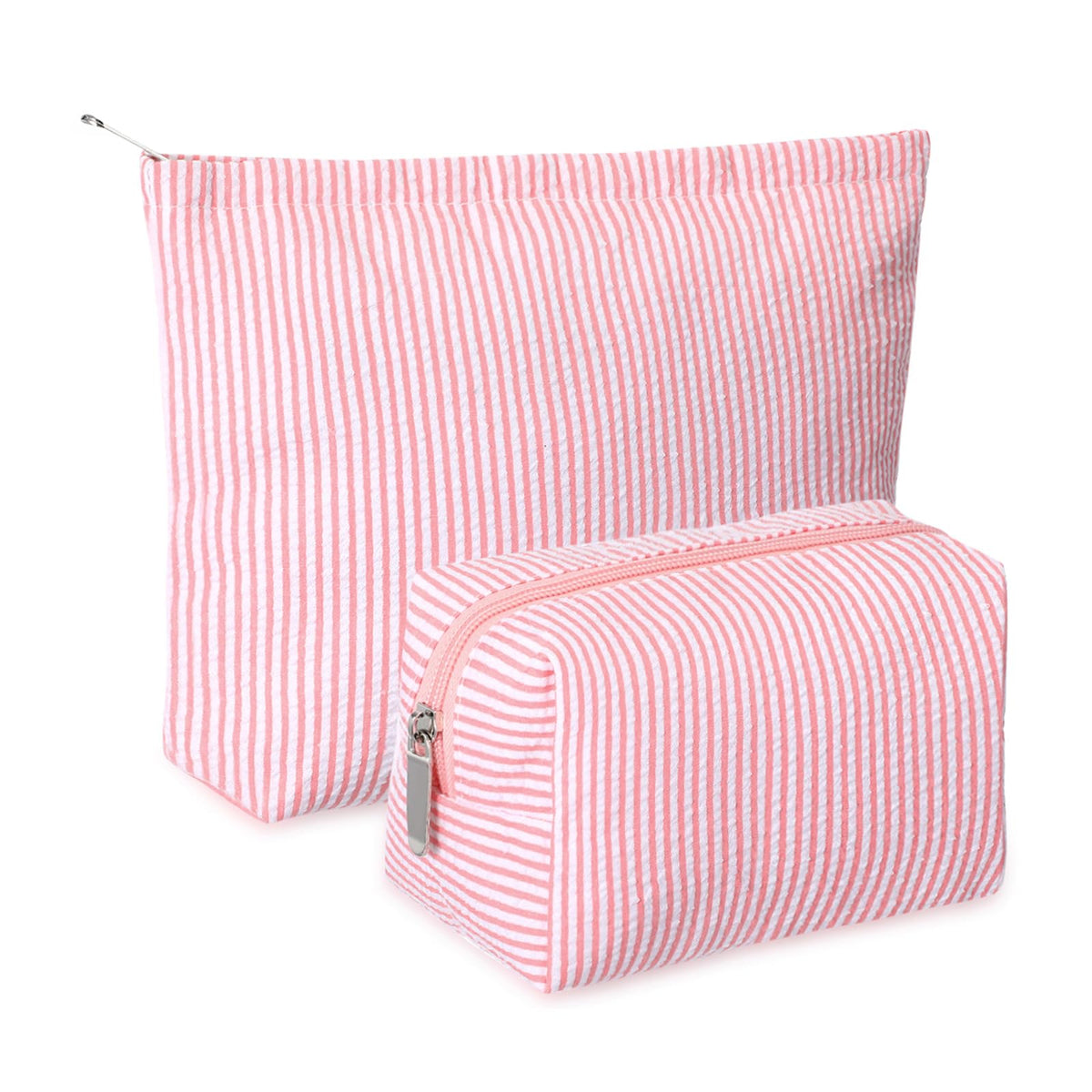 Huhumy makeup bag set in rose pink front view shows stylish seersucker design