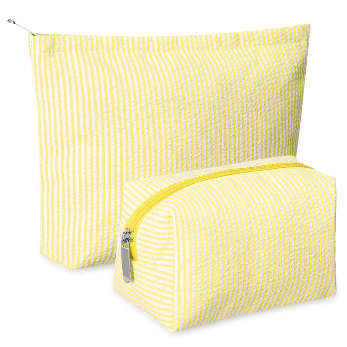 Huhumy makeup bag set yellow seersucker front view for travel storage