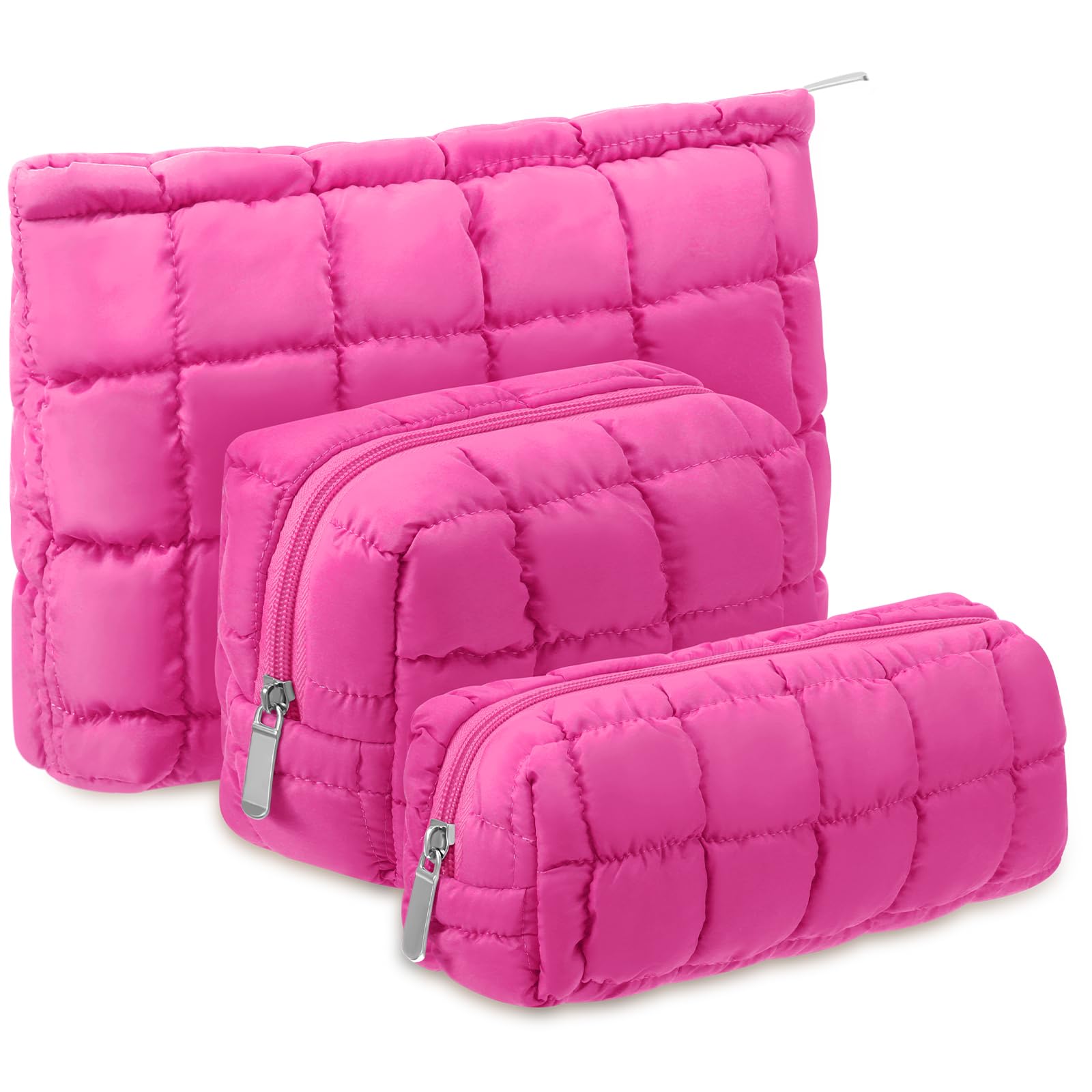 Huhumy Puffy makeup bag set in hot pink with fluffy texture for stylish travel storage.