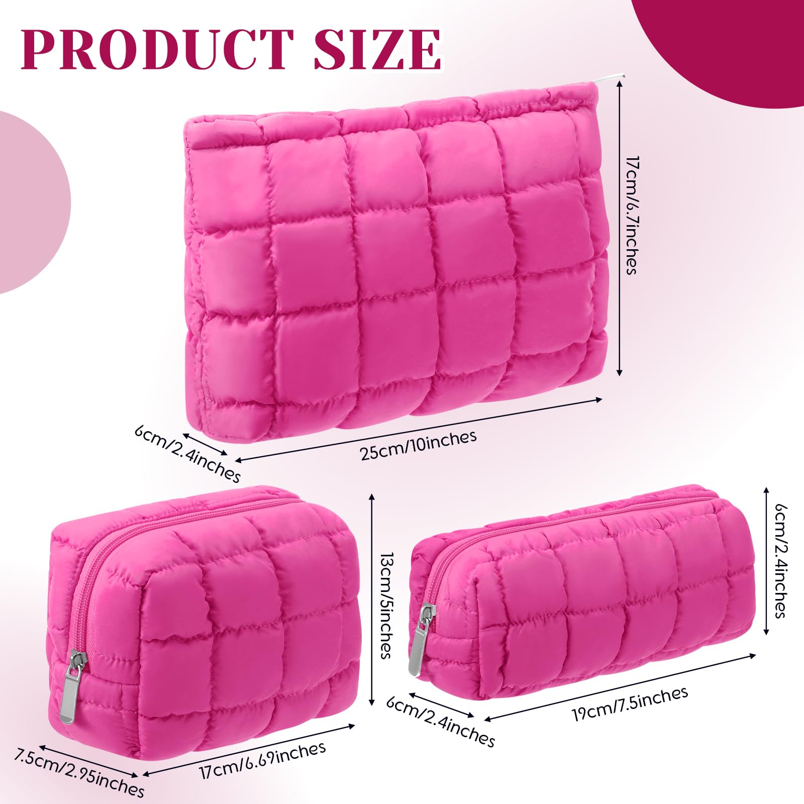 Huhumy quilted cosmetic pouch medium hot pink—compact yet roomy for makeup and brushes.