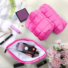 Huhumy quilted cosmetic pouch small hot pink with soft touch and durable zipper protection.