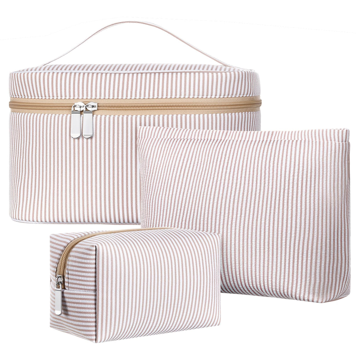 Huhumy seersucker makeup bags set front view for travel organization and style