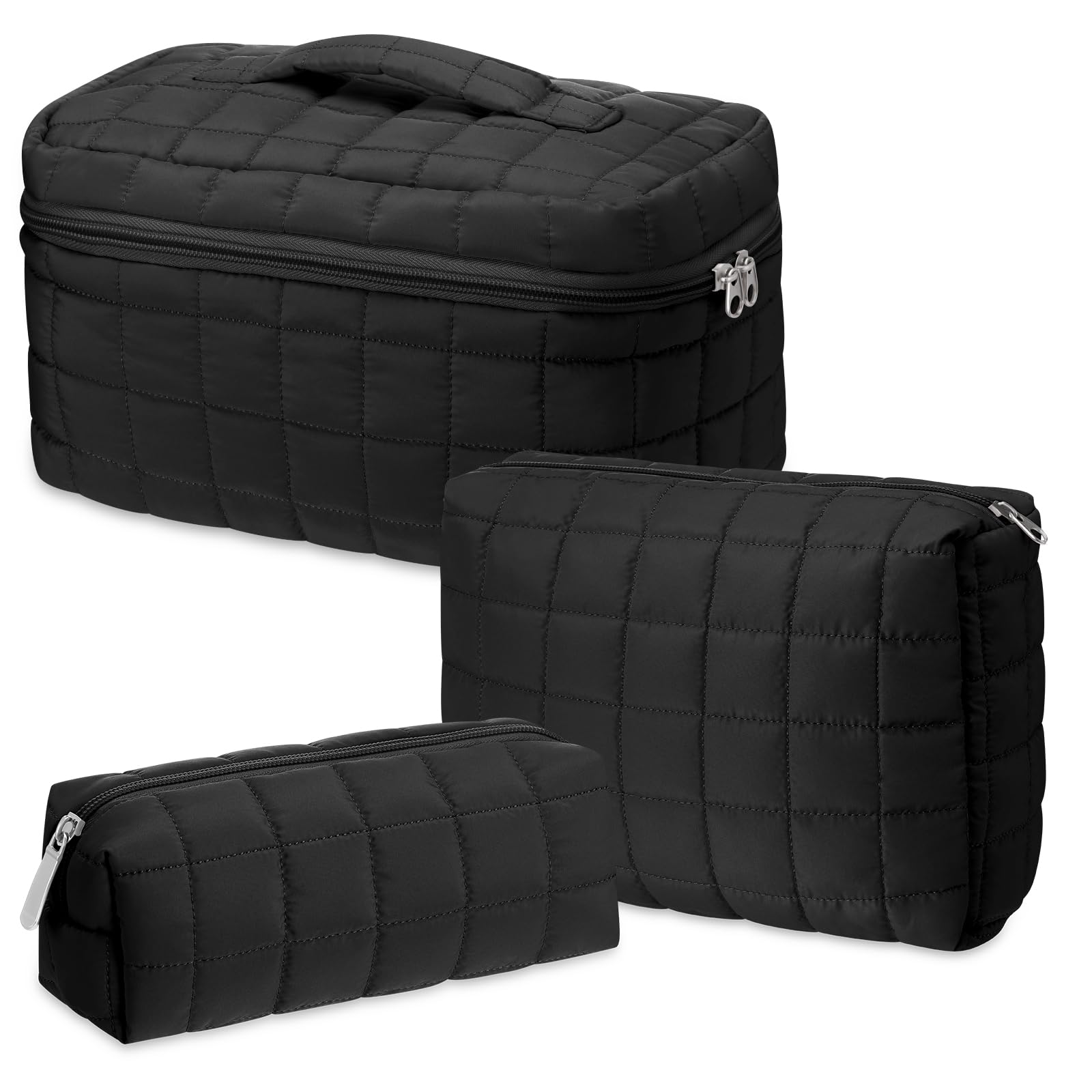 Huhumy three-pcs large puffy makeup bag set in black for travel organization.