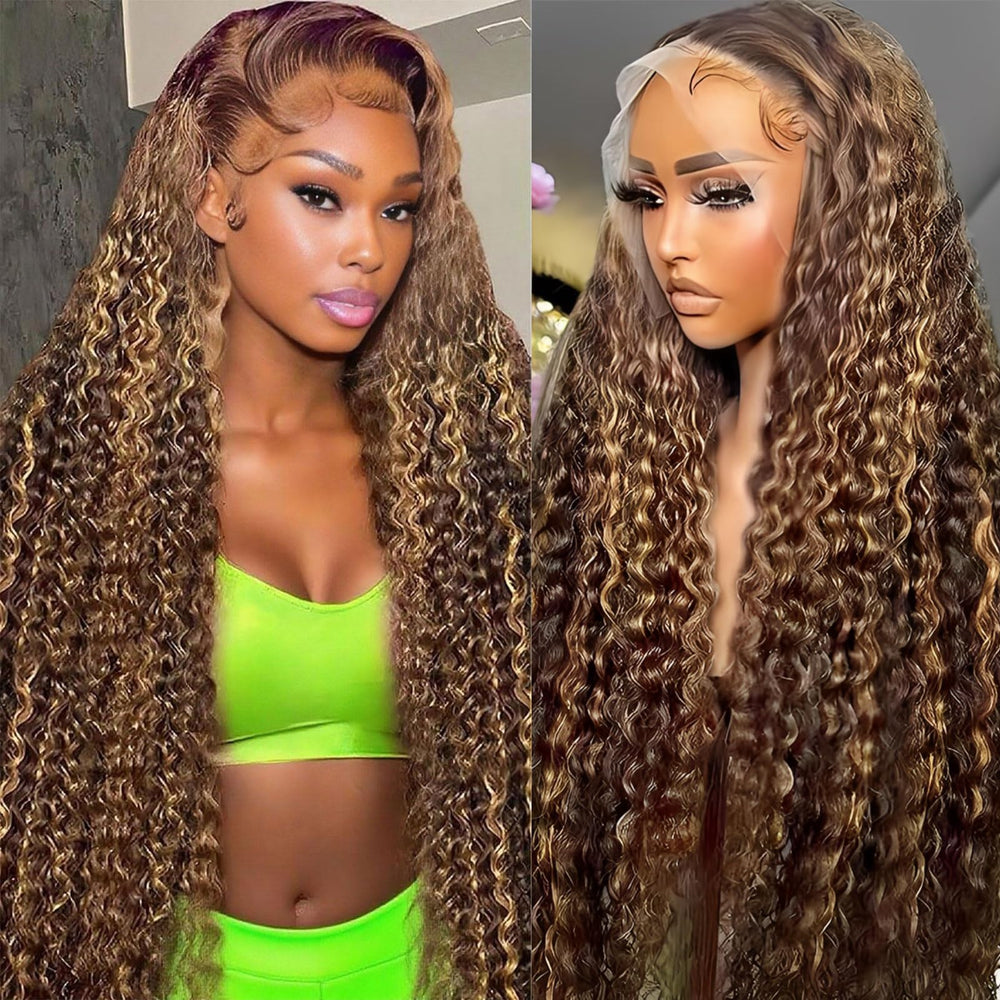 Huirslex 30-inch highlight ombre deep wave wig front view for dramatic length