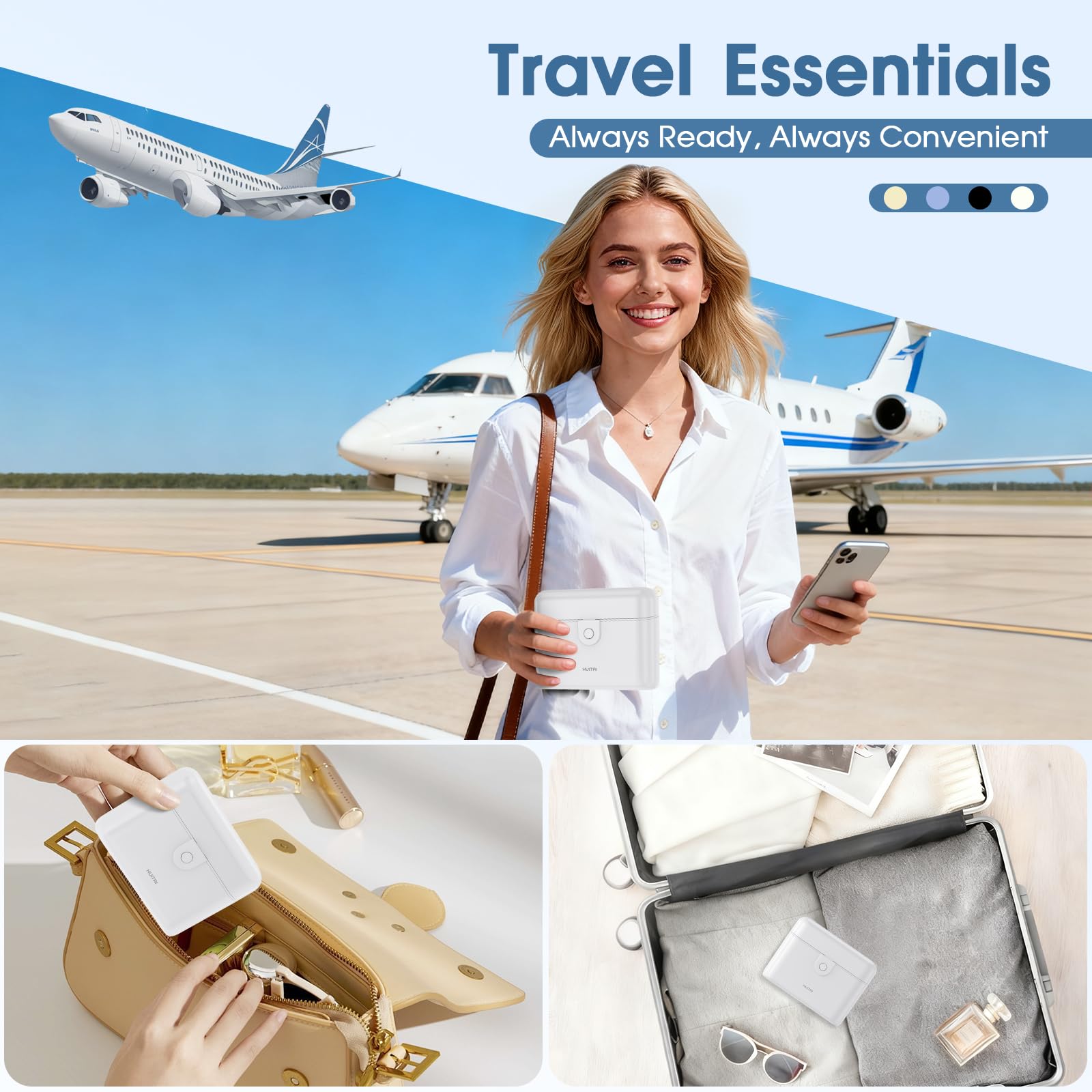 HUITAI travel bottles case in-use on trip demonstrates tidy toiletries
