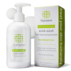 Humane benzoyl peroxide acne wash bottle highlighting maximum-strength formula for acne-prone skin